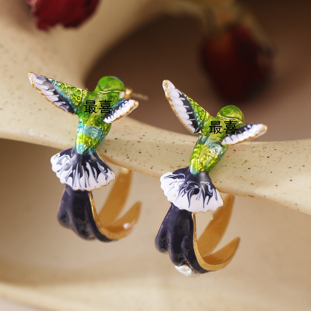 Earrings - Colorful Flying hummingbird